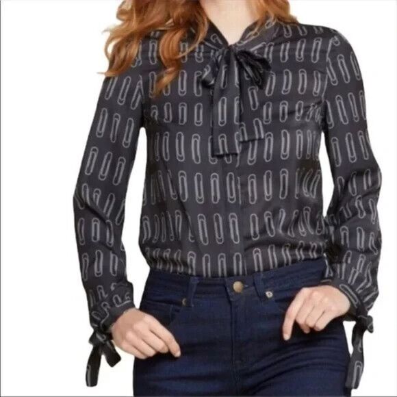 Modcloth Shirt Size Small Black Allover Paperclip Blouse Career Office - Picture 1 of 8